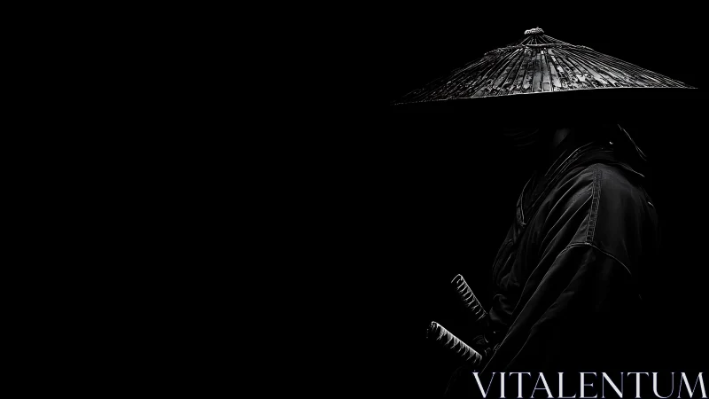 Lone samurai silhouette under straw hat in deep shadow.