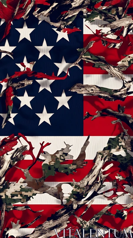 United States flag with camouflage branches overlayed.