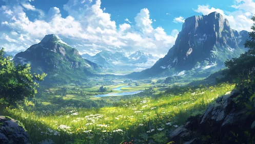 Vast green valley with rivers beneath towering mountains.