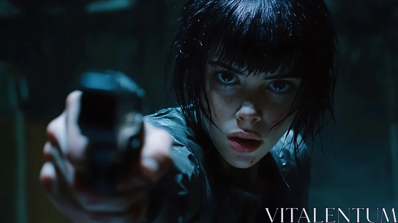 Young woman aims handgun directly toward camera viewpoint