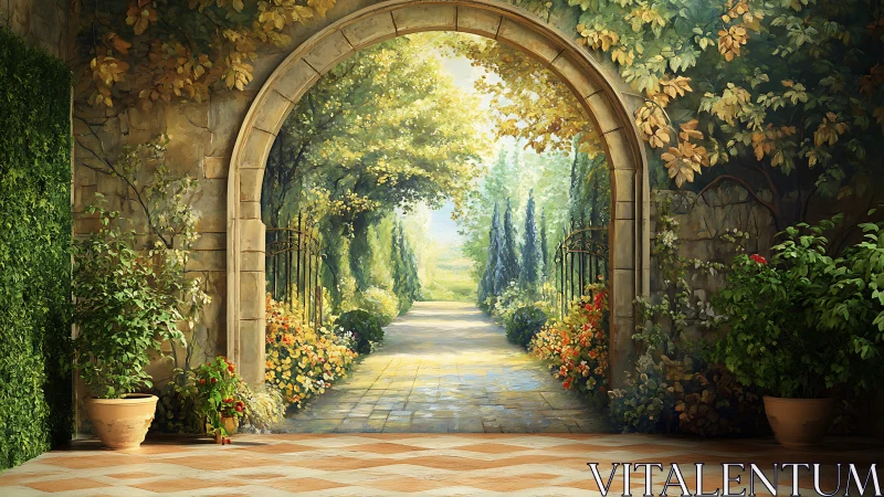 Stone archway overlooking sunlit formal garden path.