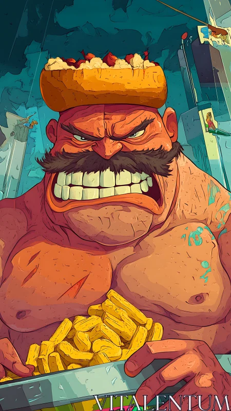 Hyper-saturated muscular caricature with food-based absurd headgear