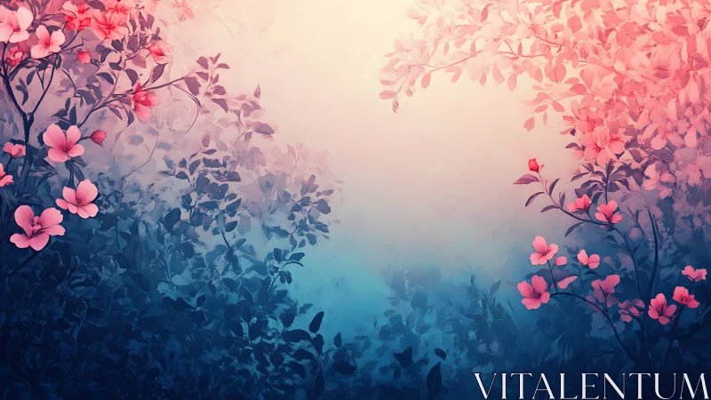Pink Blossoms Emerge Through Twilight Mist and Blue Haze