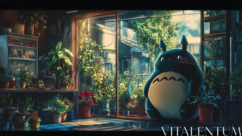 Totoro sits in a sunlit plant filled room by glass doors