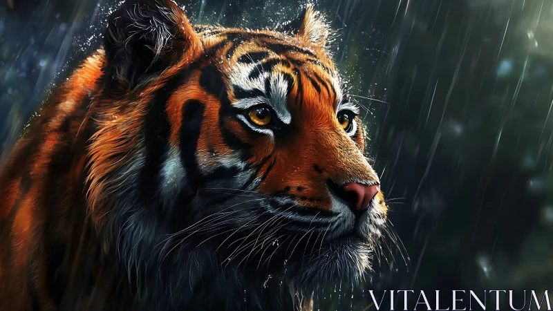 Digital painting profile of tiger in rain with dramatic lighting.