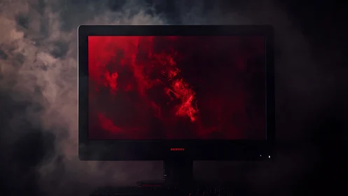 Backlit gaming monitor with red nebula display in studio haze