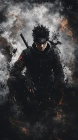 Shadow-clad anime ninja poised within burning smoke field.