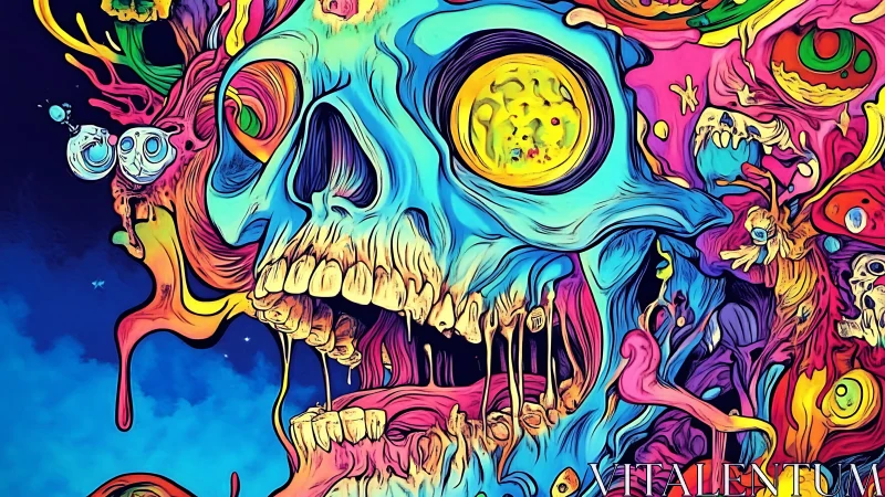 Psychedelic skull erupts in neon chaos and surreal cosmic color