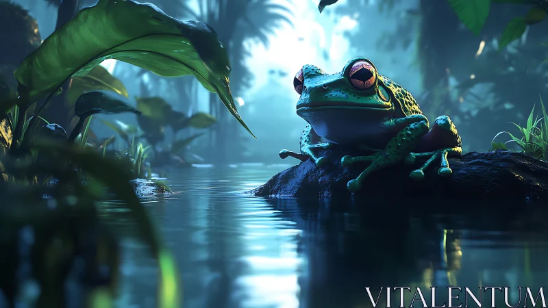 Frog sits on wet rock beside reflective jungle water surface