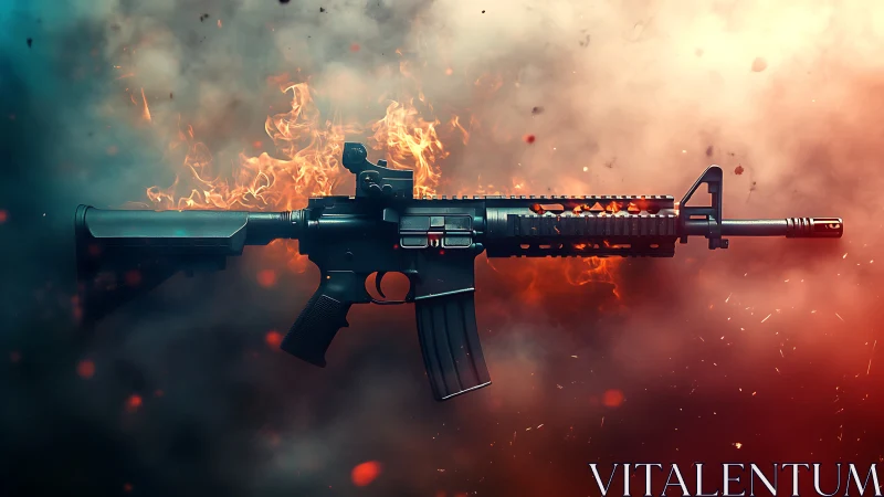 Tactical rifle engulfed in fiery explosion and debris.