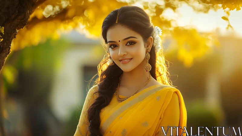 Backlit portrait of woman in yellow saree with shallow depth of field