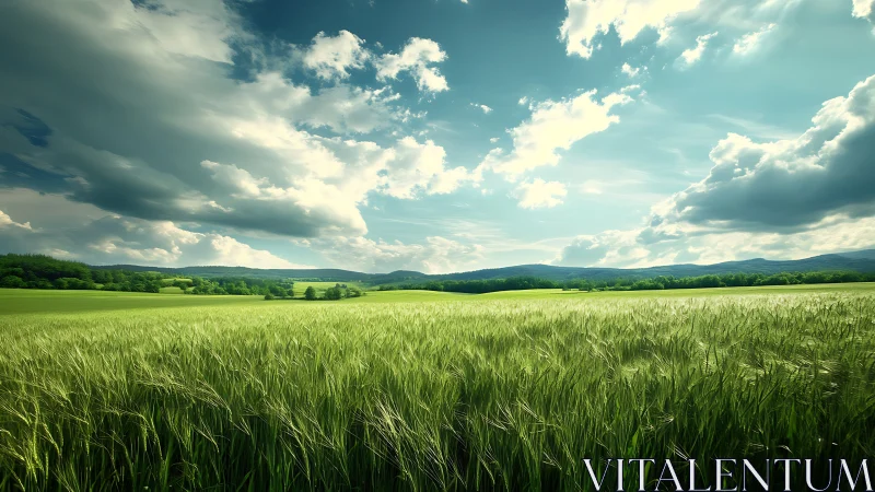 Wide-angle barley meadow under dynamic cumulus skyscape.