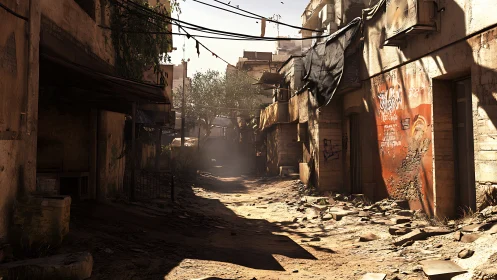 Sunlit dusty alleyway revealing quiet stories and traces of life.