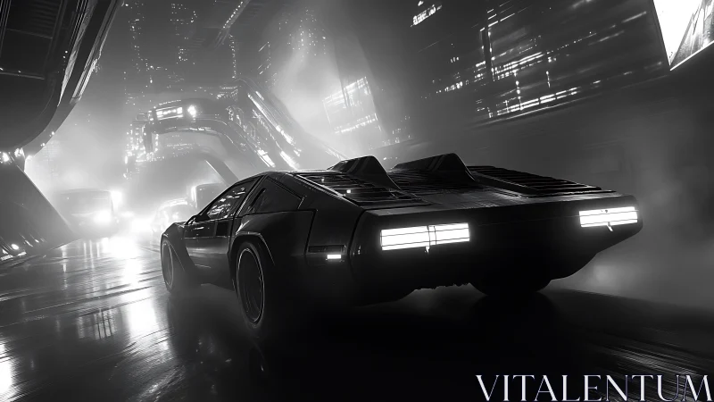 Retro-futuristic coupe in foggy neon megacity underpasses