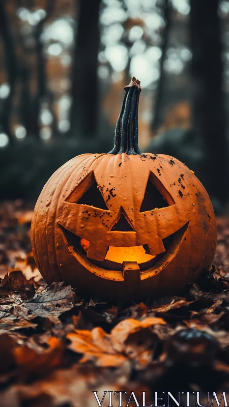 Glowing jack-o-lantern resting on autumn forest floor.
