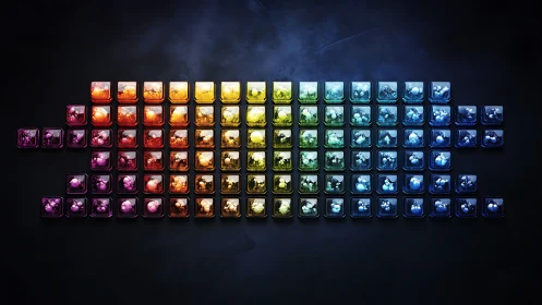 Periodic table layout in colored glass cube gradient.