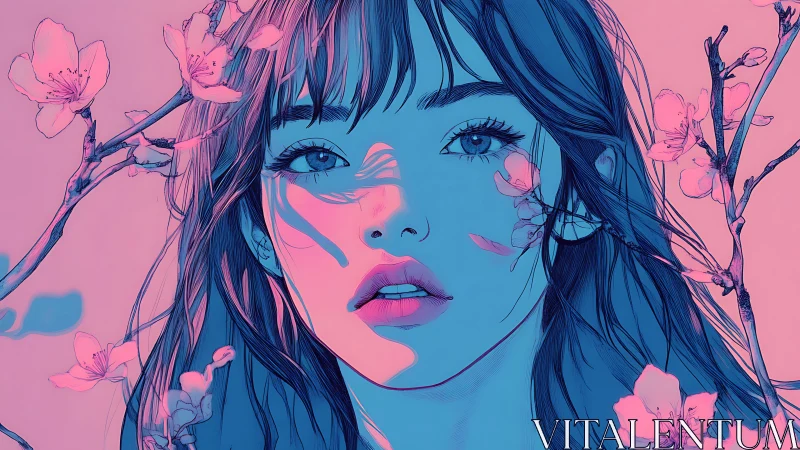 Neon blue female portrait framed by stylized cherry blossoms