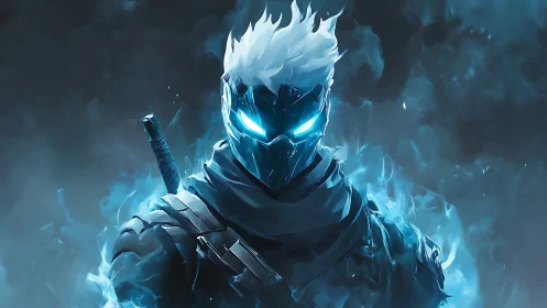 Digital painting of a spectral cyber ninja in blue flames.