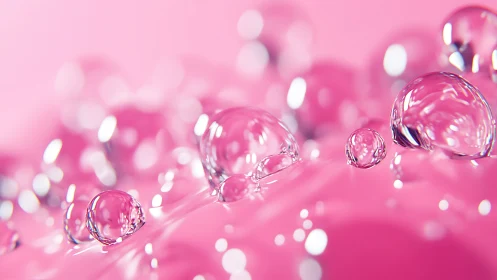 Transparent liquid droplets on smooth pink surface macro.