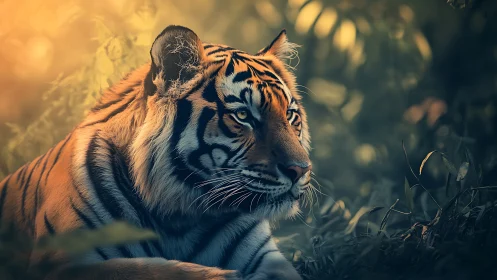 Sunlit jungle monarch pauses within amber-tinted shadows