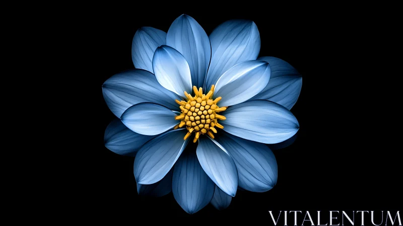 Blue Cosmos Flower with Golden Stamens Against Black Background.