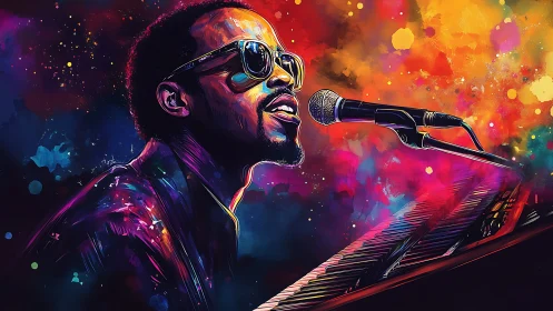 Musician sings at keyboard in vivid neon digital portrait