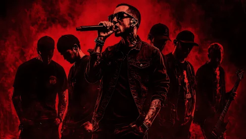 Rock vocalist leads silhouetted band against red smoke