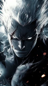 Monochrome battle-hardened antihero in electrified stormfield.