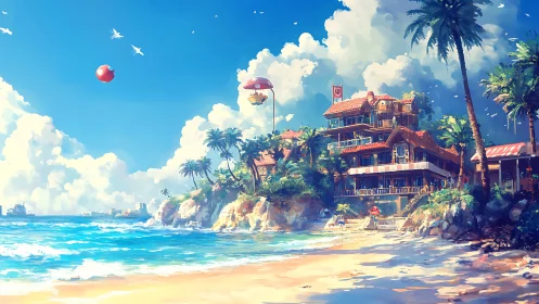 Sunlit tropical resort rises above a whimsical fantasy shore.
