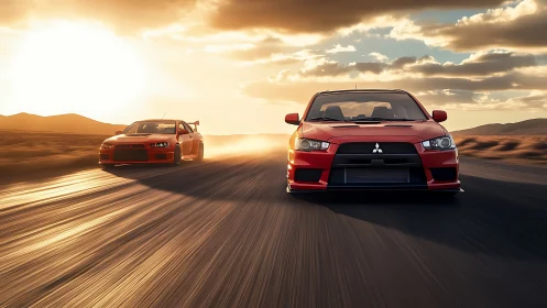 Twin red sport sedans racing desert highway at sunset light