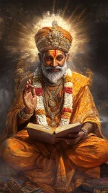 Radiant sage in golden robes sharing peaceful blessings.