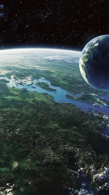Planetary horizon view with detailed green landmasses.