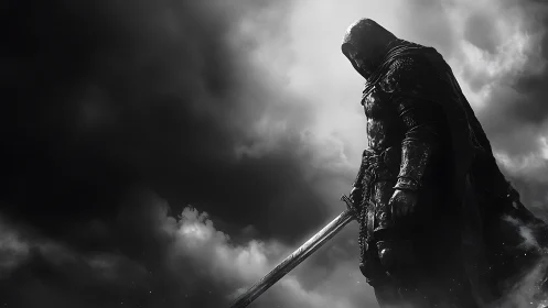 Lone hooded warrior resting beneath a storm-heavy sky.