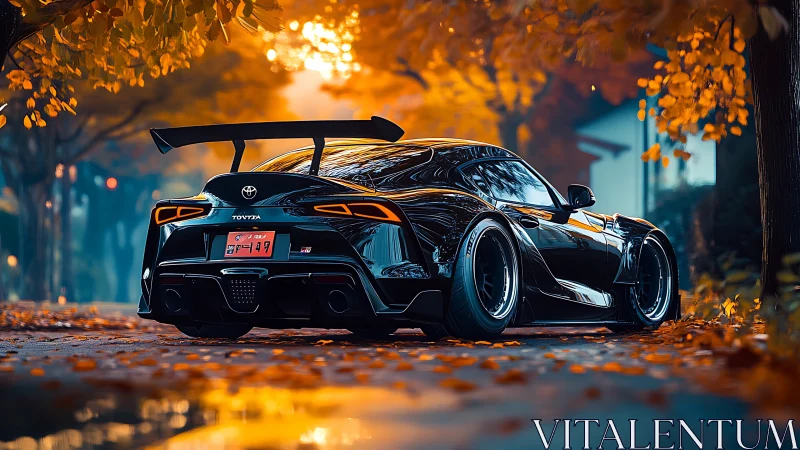 Widebody Toyota Supra rendered with high-gloss reflections in autumn streets