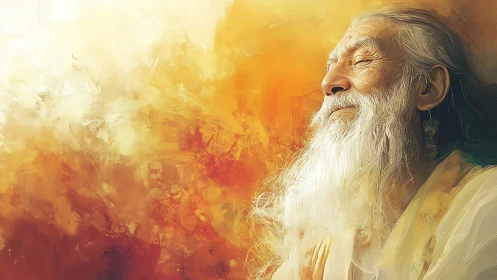 Elderly sage smiles in warm golden abstract light field
