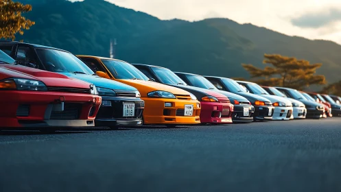 Sunlit lineup of tuned Japanese sports cars at mountain meet.