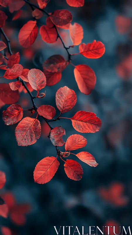 Scarlet autumn leaves glow against a cool twilight blur