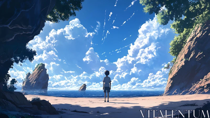 Solitary figure observes dramatic cumulus sky over coastal bay