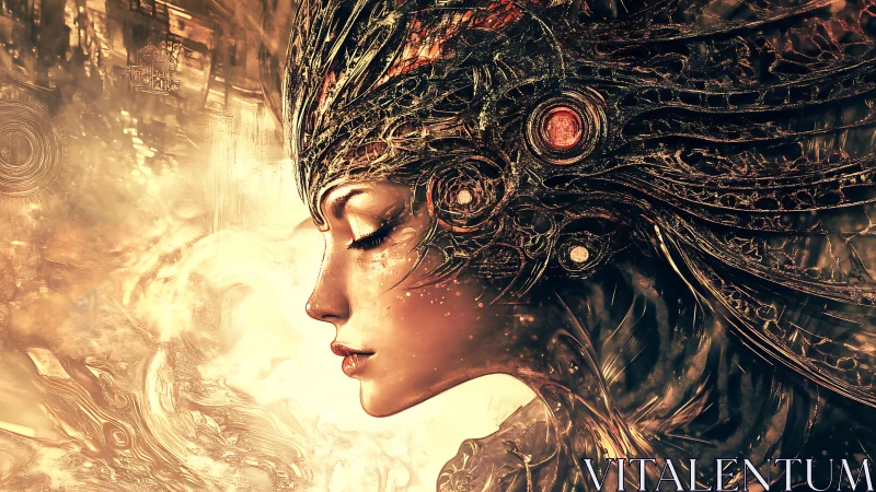 Cybernetic woman in ornate biomechanical headpiece.