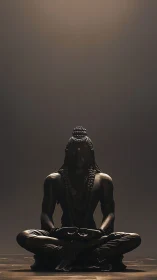 Serene dark metal yogic statue in centered meditation pose.