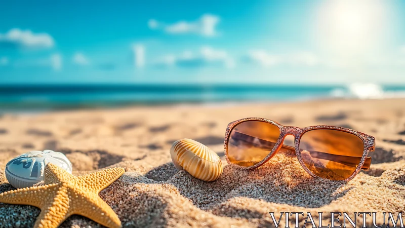 Sunglasses and shells on sunlit beach sand in warm bokeh.
