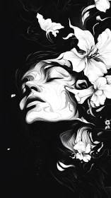 Monochrome female profile merges with flowing lilies bloom.