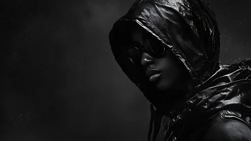 Hooded figure in dark rainwear with reflective wet surfaces.