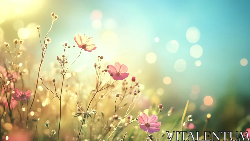 Wild cosmos blooms dance through golden sunlight bokeh