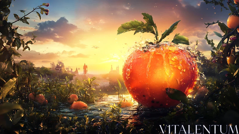 Hyperreal citrus macro in flooded sunrise orchard fantasy