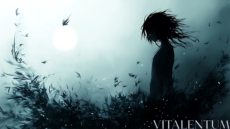 Silhouetted figure amid swirling foliage under pale moon.