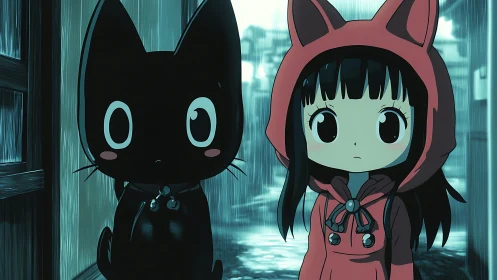 Rain-soaked alley duo with cat-hooded girl and mascot cat.