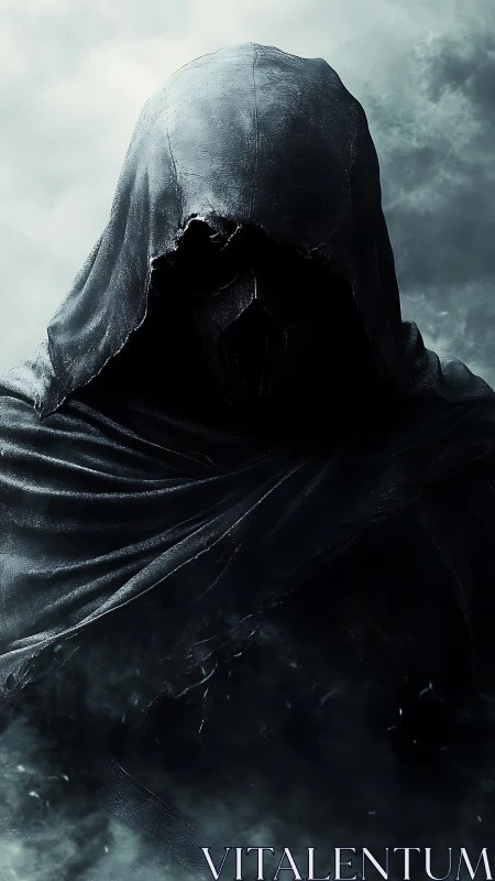 Shrouded wraith in tattered hood amid swirling storm fog.