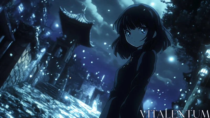 Nocturnal shrine traversal with blue-luminance anime subject.