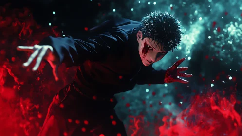 Cursed warrior lunges through red smoke and teal mist